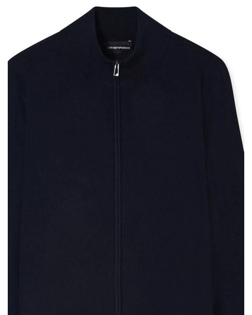 Emporio Armani Blue Wool Cardigan Casual Style Stand Collar for men