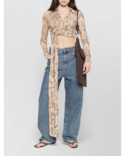 Ganni Natural Printed Wrap Long-Sleeve Cropped Blouse