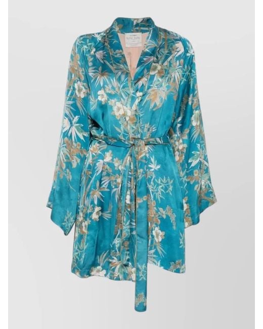 Forte_forte Blue Floral Satin Kimono Robe Piping