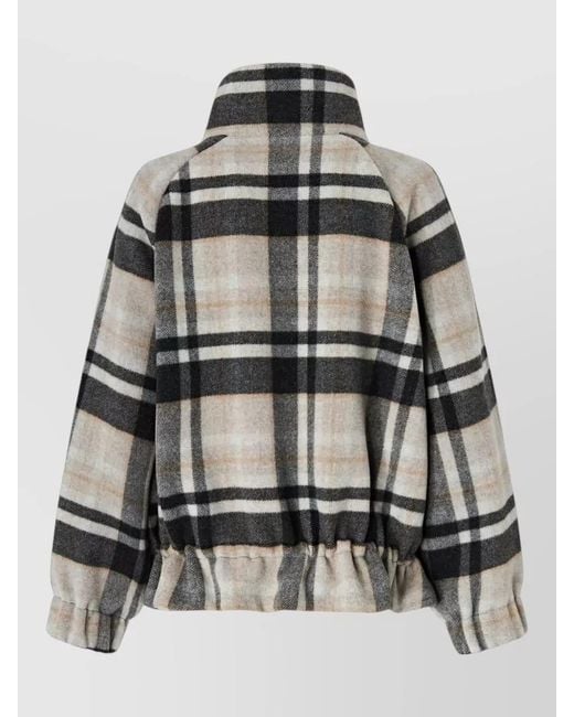 Pinko Gray Long Sleeve Plaid Coat High Collar