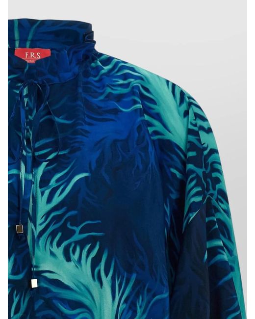 F.R.S For Restless Sleepers Blue Silk Printed Ruffled V-Neck Blouse