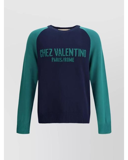 Valentino Blue Wool Intarsia-Knit Logo Jumper for men