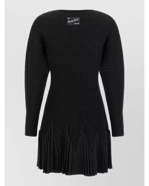 Elisabetta Franchi Black Knit Dress Pleated Skirt Long Sleeves