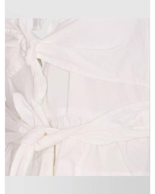 Ganni White Organic Cotton V-Neck Short-Sleeve Tie-Front Blouse