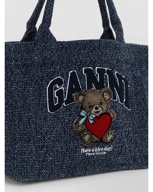 Ganni Blue Medium Tote Bag Teddy Bear Motif