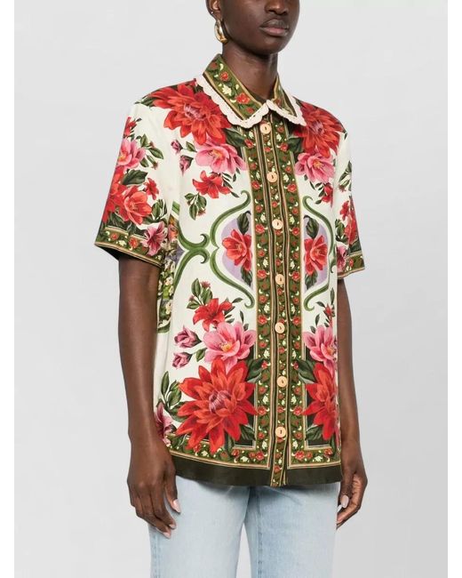 Farm Rio Red Short Sleeve Top Contrast Trim Flowers