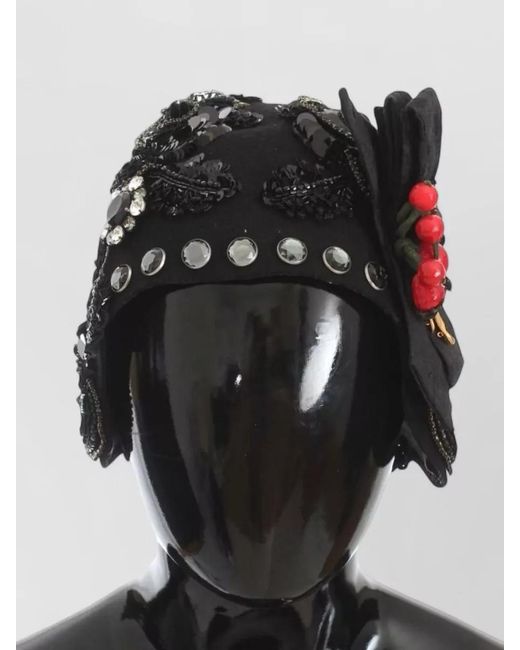 Dolce & Gabbana Black Embellished Wool Cloche Hat