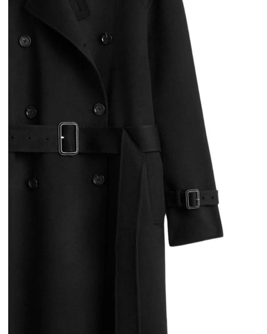 Totême  Black Long Wool Coat Belted Waist Buckle Buttons