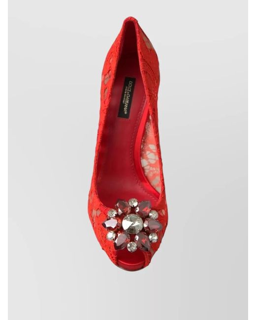 Dolce & Gabbana Red Crystal-Embellished Lace Peep-Toe Pumps