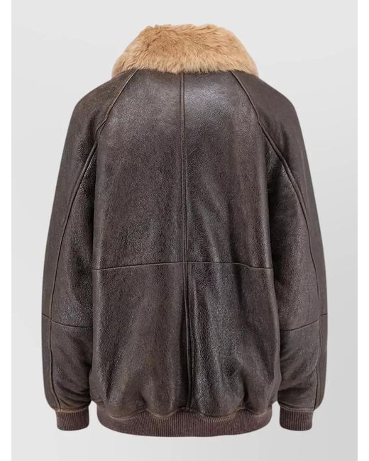 Brunello Cucinelli Gray Leather Jacket Shearling Collar Snap Pockets