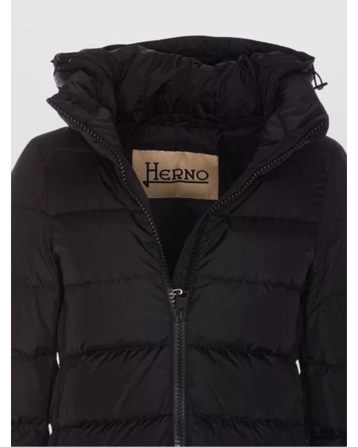 Herno Black Quilted Hooded Jacket Knitted Cuffs