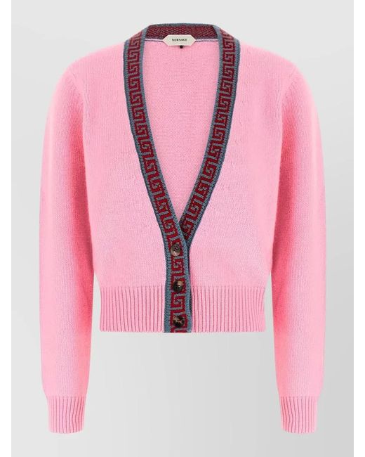 Versace Pink Cashmere Wool V-Neck Ribbed Cardigan
