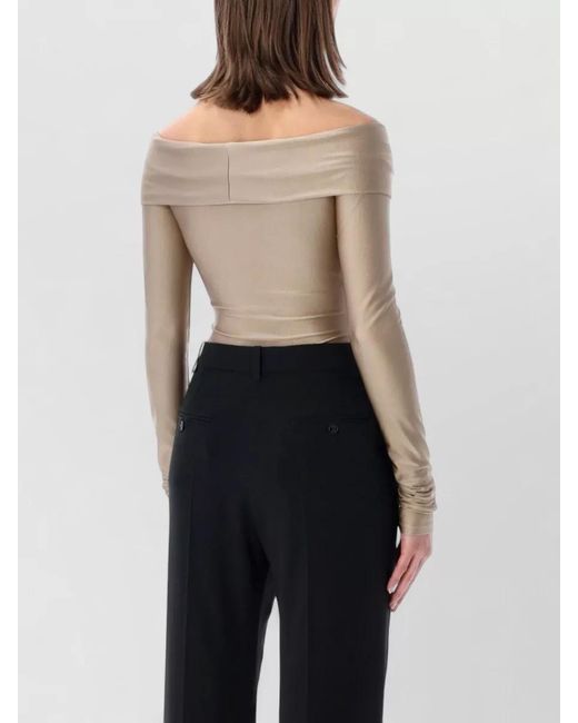 ANDAMANE Blue Off-Shoulder Draped Knot Long-Sleeve Bodysuit