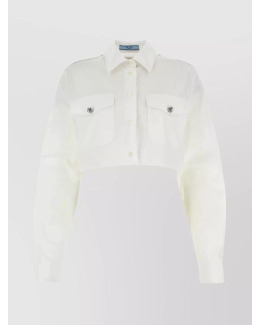 Prada White Cropped Poplin Shirt With Buttoned Cuffs