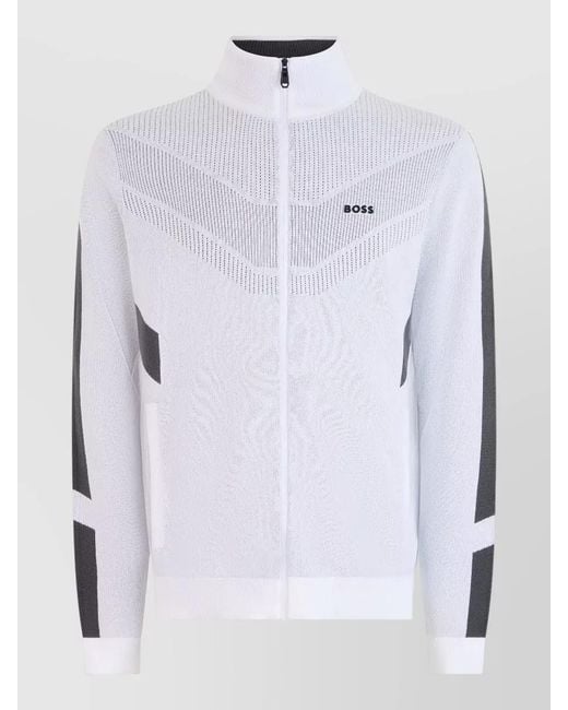Boss White Cotton Zip-Up High-Collar Sweatshirt for men