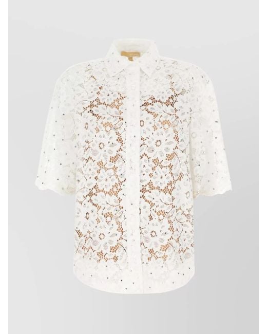 Michael Kors White Lace Floral Blouse Scalloped Semi-Sheer Sleeves