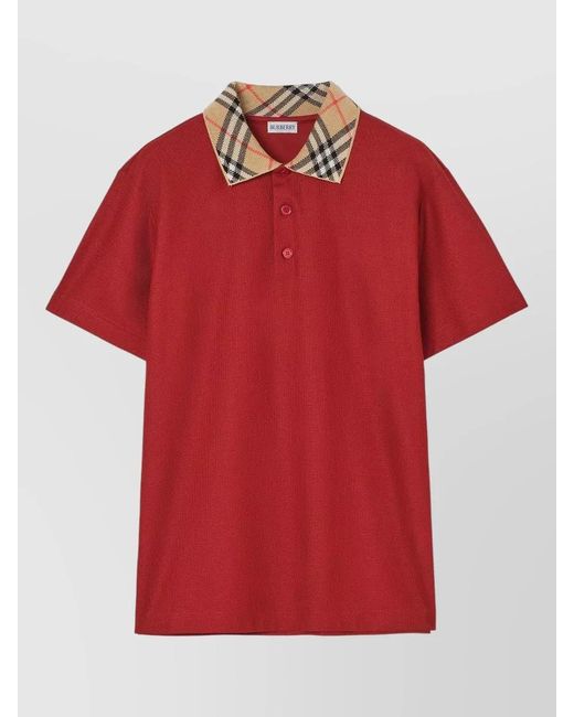 Burberry Red Cotton Polo Shirt Contrasting Check Collar for men