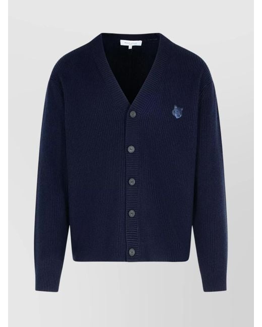 Maison Kitsuné Blue Cashmere Blend Ribbed V-Neck Cardigan for men