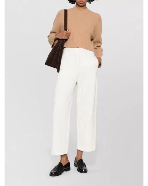 Max Mara White Cropped Ribbed Knit Top Mock Neck
