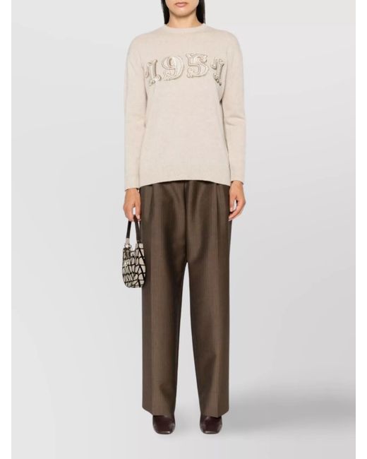 Max Mara Natural Cashmere Wool Fine-Knit Sequin Long-Sleeve Crew-Neck Jumper