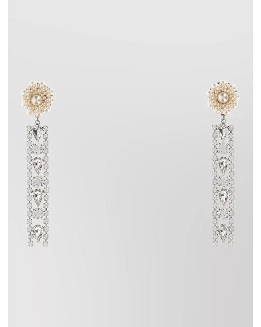 Alessandra Rich White Crystal Drop Metal Earrings Pearl Detail