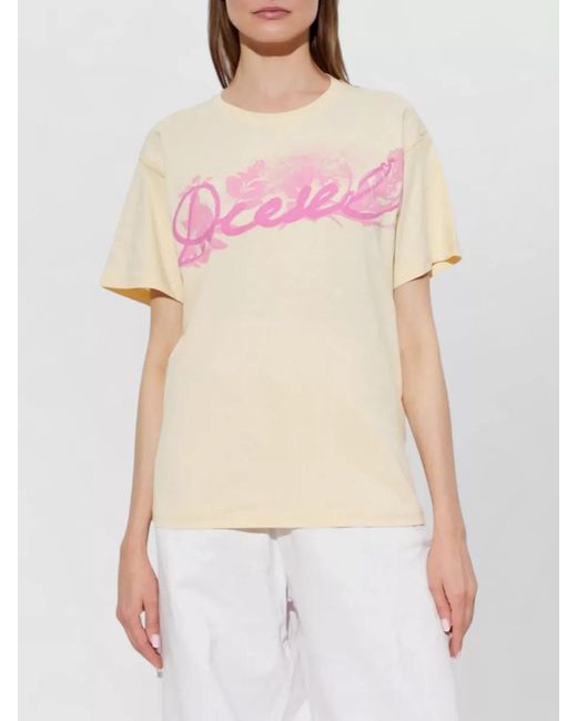 DIESEL Pink Logo Print Floral Print Cotton T-Shirt