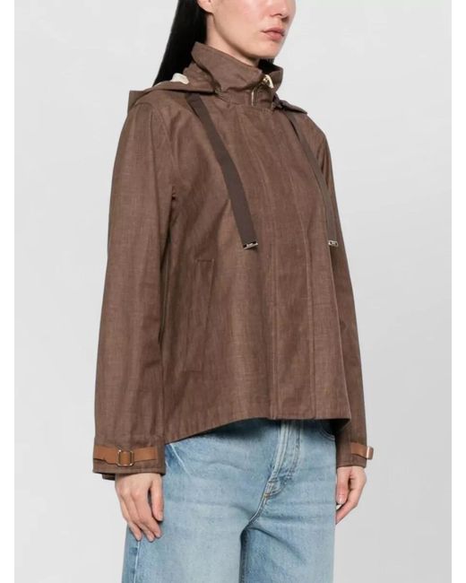 Herno Brown Down Jacket Hooded Belt And Strap Detail
