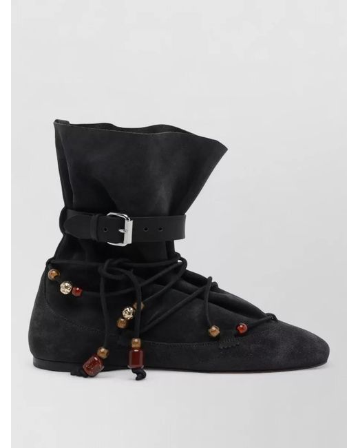 Isabel Marant Black Ankle Boots Suede Upper Drawstring Pearls