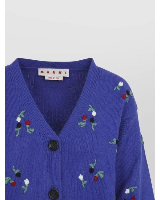 Marni Blue Cashmere Wool Floral Embroidered V-Neck Cardigan