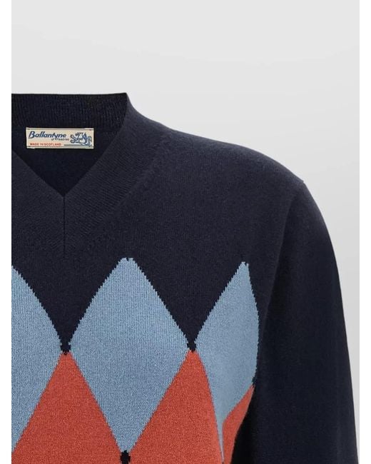 Ballantyne Blue Cashmere Argyle V-Neck Jumper