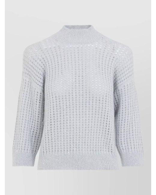 Peserico White Sparkly High Neck Relaxed Knit Sweater