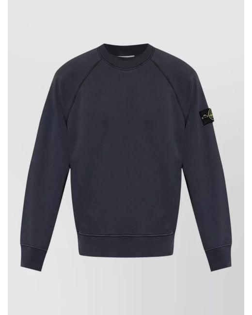 Stone Island Blue Crew Neck Raglan Knit Sweater Ribbed Trims for men
