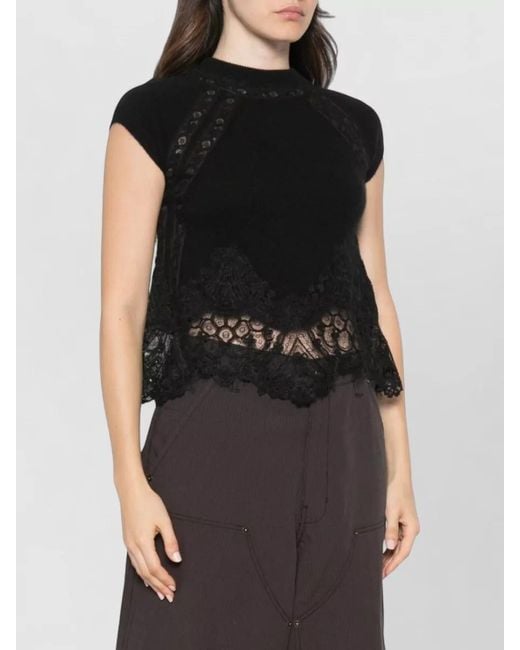 Ermanno Scervino Black Lace Trim Cashmere Knit Cropped Top