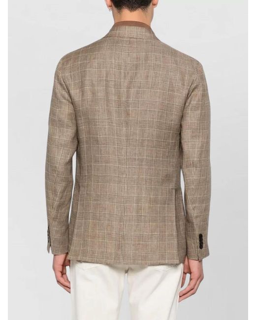 Boglioli Natural Linen Double Breasted Checked Peak Lapel Jacket for men