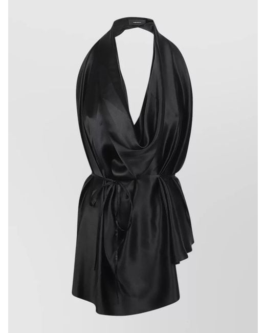 Wardrobe NYC Black Satin Halter Dress Tie Waist Wrap