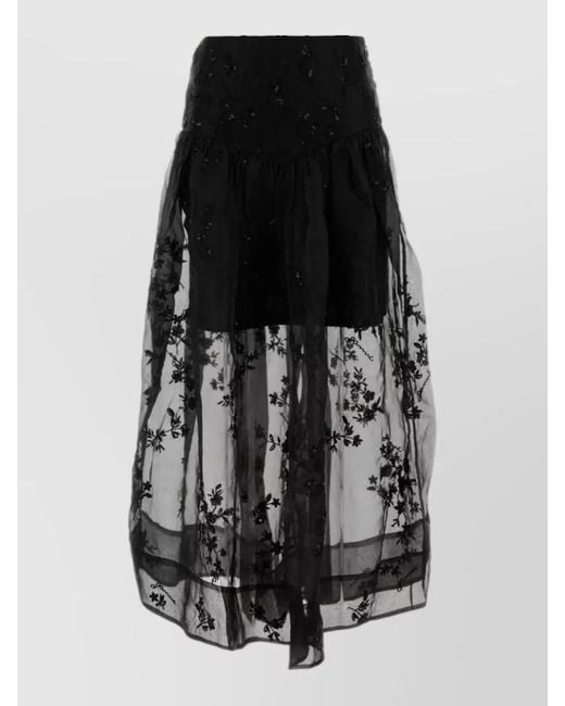 Ganni Black Organza Skirt Elastic Waistband Floral Embroidery Sheer