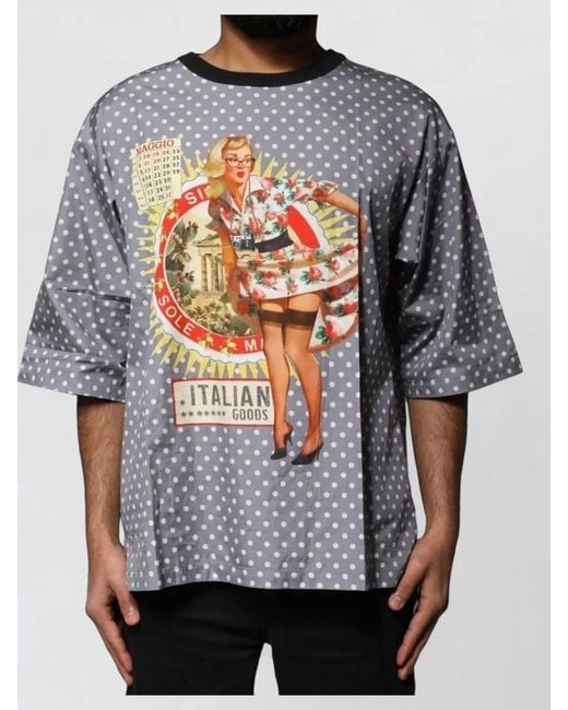 Dolce & Gabbana Gray Polka Dot Pin Up Crew Neck T Shirt for men