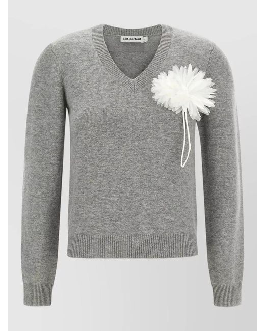 Self-Portrait Gray Cashmere Wool V-Neck Ribbed Jumper