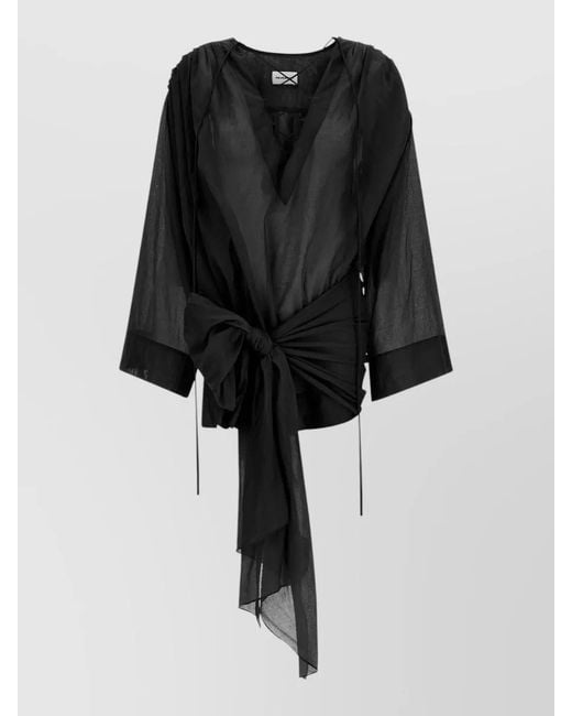 ANDAMANE Black Indira Wrap Top Sheer Tie Neckline