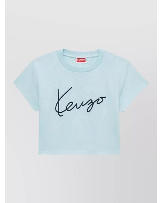 KENZO Blue Organic Cropped Signature Cotton Jersey T Shirt