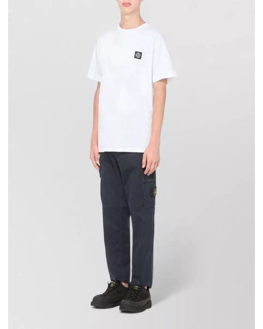 Stone Island White Logo Cotton Crew Neck Regular T Shirt for men