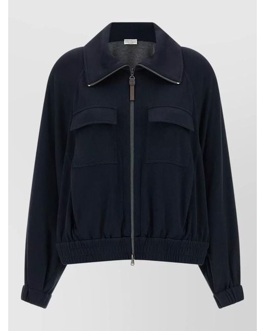 Brunello Cucinelli Blue Zipper Pull Sweatshirt Cotton Silk Interlock