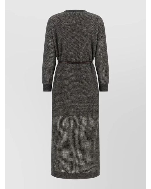 Brunello Cucinelli Gray Knit Midi Dress Lamé Belt Monile Detail