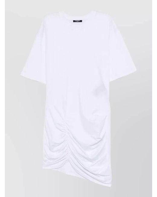 Balmain White Knee Length Dress Round Neckline Ruched Hem