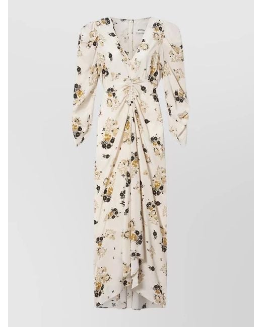 Isabel Marant Natural Silk Floral-Print Asymmetric V-Neck Midi Dress