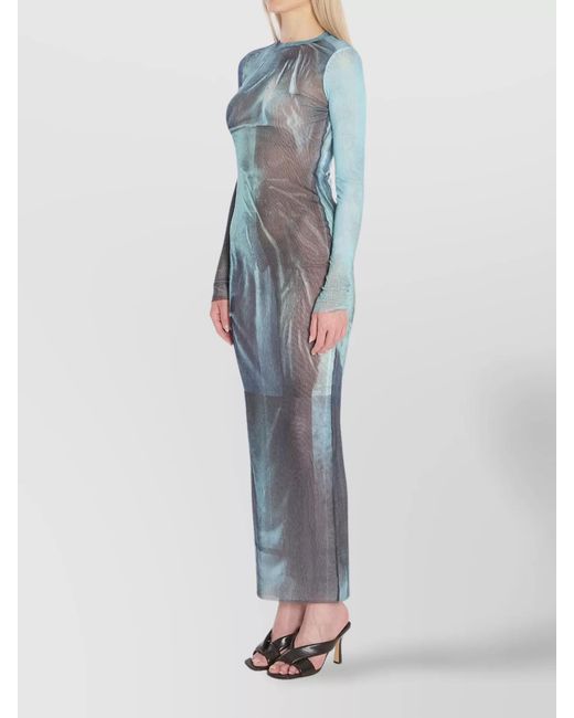 Jean Paul Gaultier Blue Water Printed Slim-Fit Long-Sleeve Maxi Dress