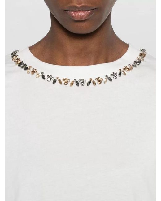 ERMANNO FIRENZE White Crew Neck Top Embellished Neckline Short Sleeves