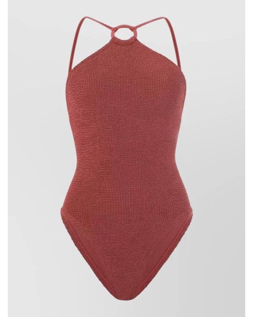 Hunza G Red Jasmine Cowl Neck Halterneck Ring Swimsuit