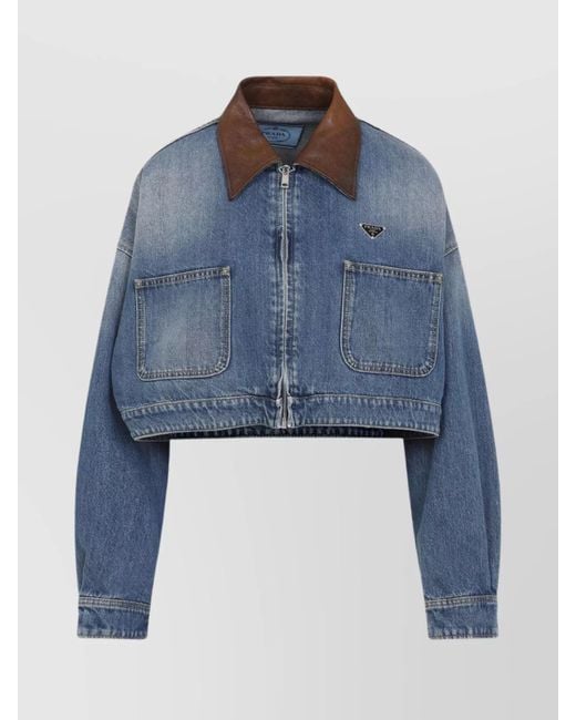 Prada Blue Cropped Jacket With Dropped Shoulders And Puffed Sleeves