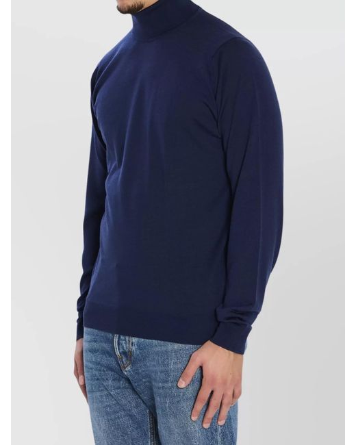 John Smedley Blue Merino Wool Ribbed Turtleneck Jumper for men